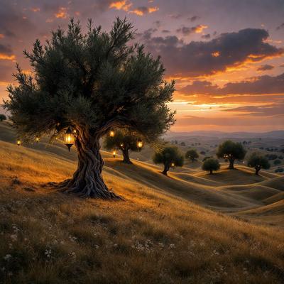 The primary subject of the image is a tree with a light on it, standing in a field. The setting is a hillside with a sunset in the background, creating a serene and picturesque atmosphere. The visual style is a photo, capturing the natural beauty of the scene. The dominant colors are warm hues from the sunset, and the overall mood is calm and peaceful.
